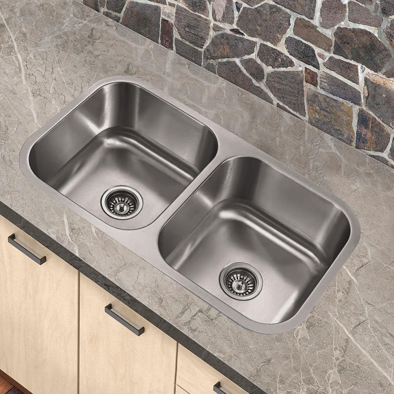 Tarja Doble Para Submontar 82X47cm con Mezcladora Premium, Soporte de Esponja de Regalo 6