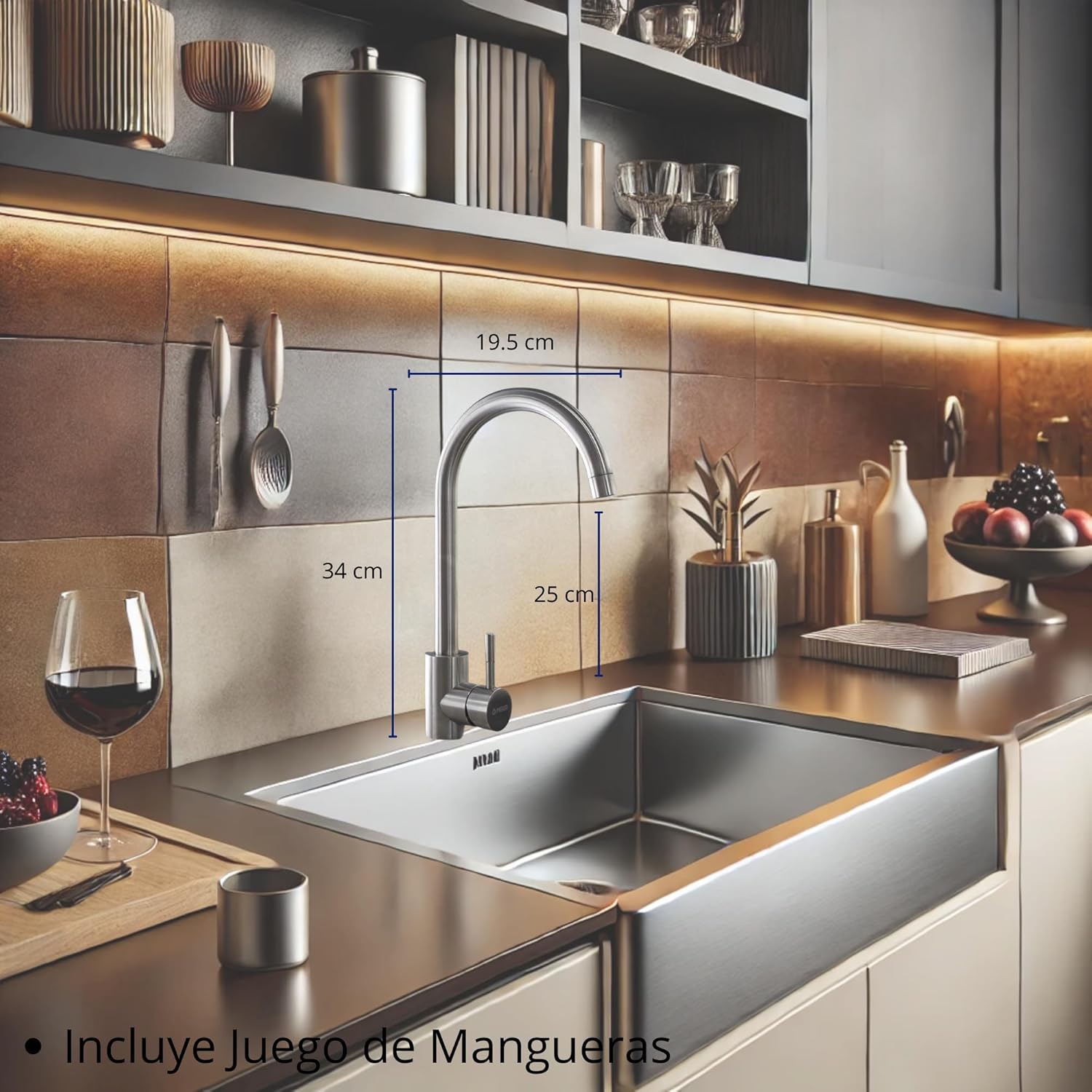 Mezcladora para Cocina, Mezcladora para Fregadero con Acabado Satinado, (Grifo de Agua), Monomando, Incluye Mangueras para Instalación