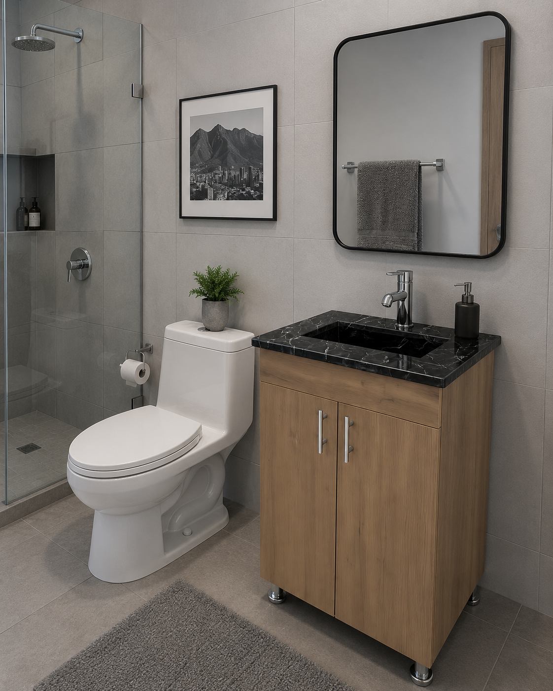 Lavabo Elegante con Superficie de Mármol Negro, 54cmx45cmx85cm, MDF
