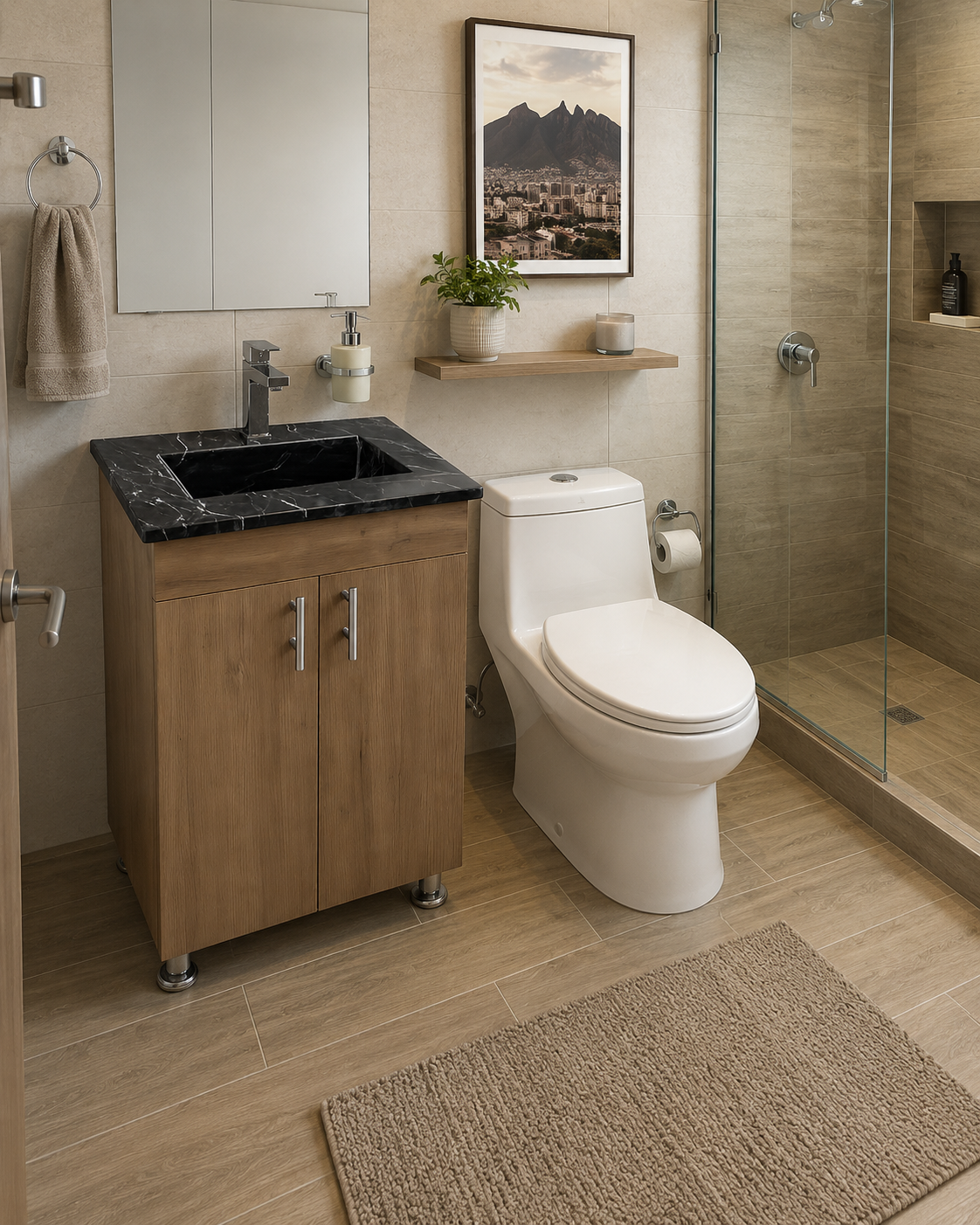 Lavabo Elegante con Superficie de Mármol Negro, 54cmx45cmx85cm, MDF 4