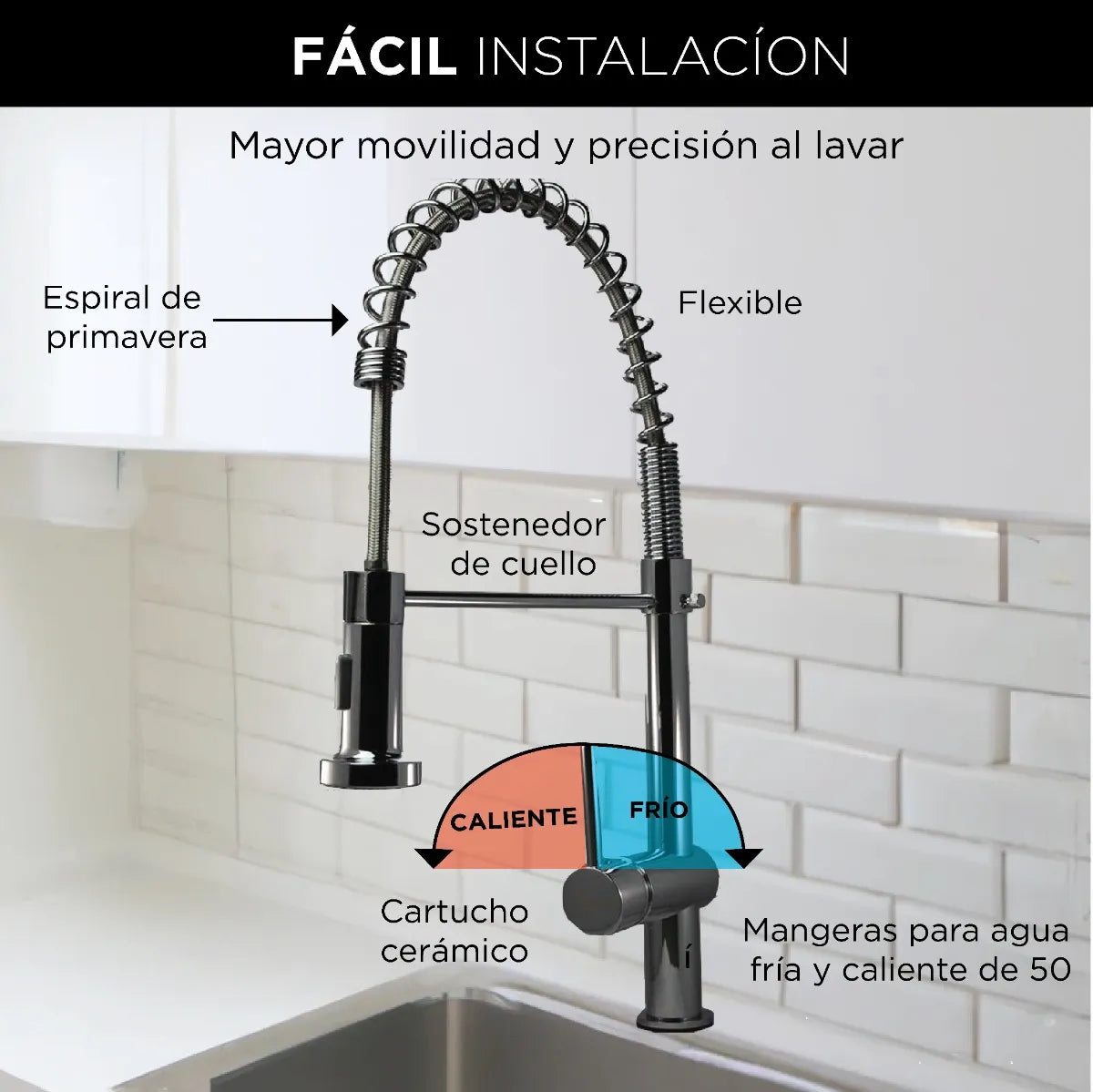 Mezcladora Monomando para Fregadero con 2 Funciones de Chorro y Cuello Flexible, Acabado Resistente y Tecnología Water Sense 4