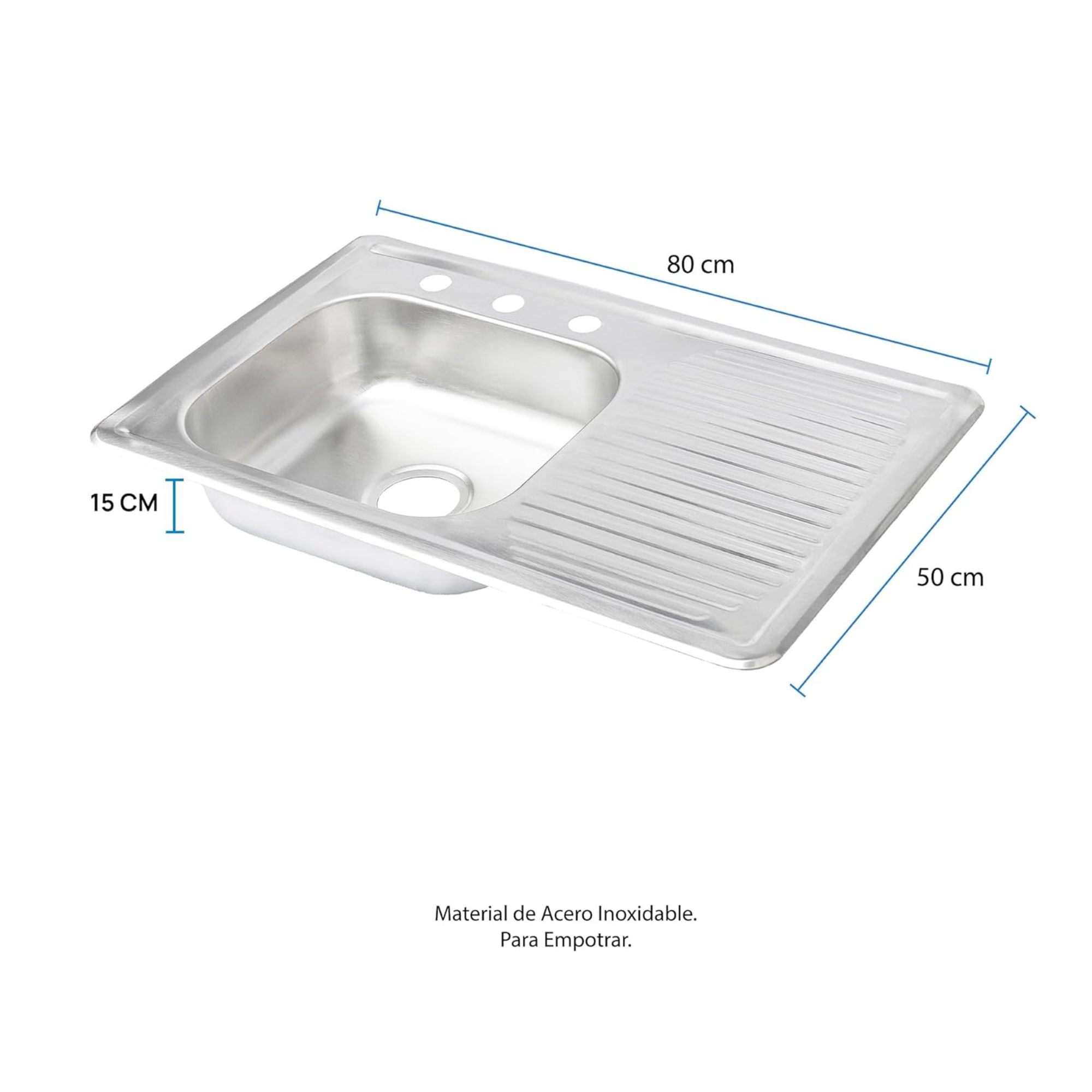 Tarja Sencilla para Empotrar 80x50cm Con Escurridor Derecho, Acero Inoxidable 3
