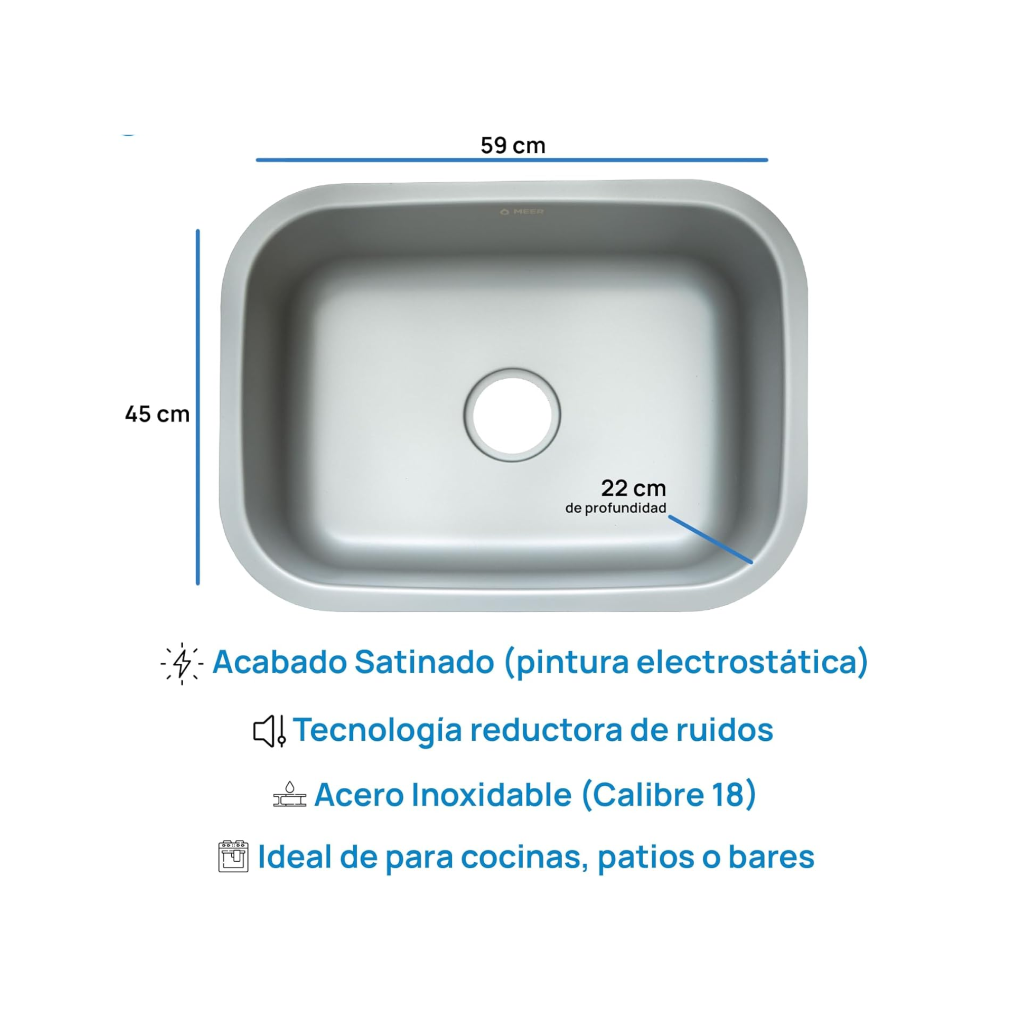 Tarja Sencilla de Submontar de Acero Inoxidable Calibre 18, 59 x 45 x 22 cm