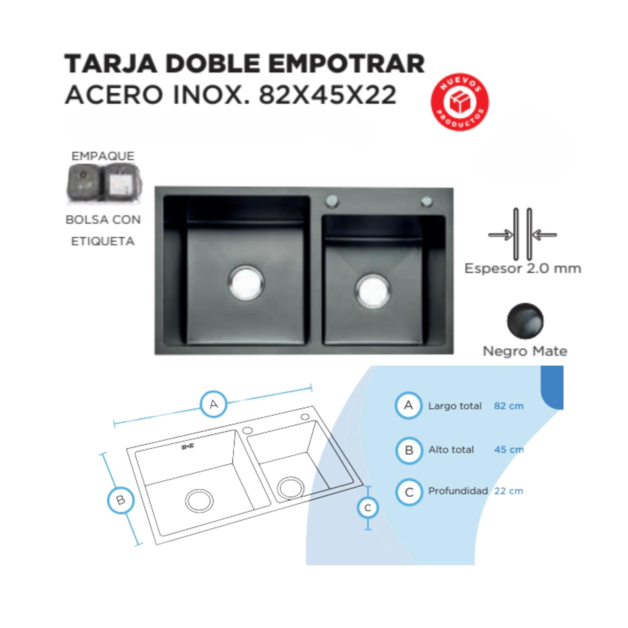 Tarja Doble de Acero Inoxidable (82 cm x 45 x 22 cm), Para Empotrar, Tarja dos tinas 3