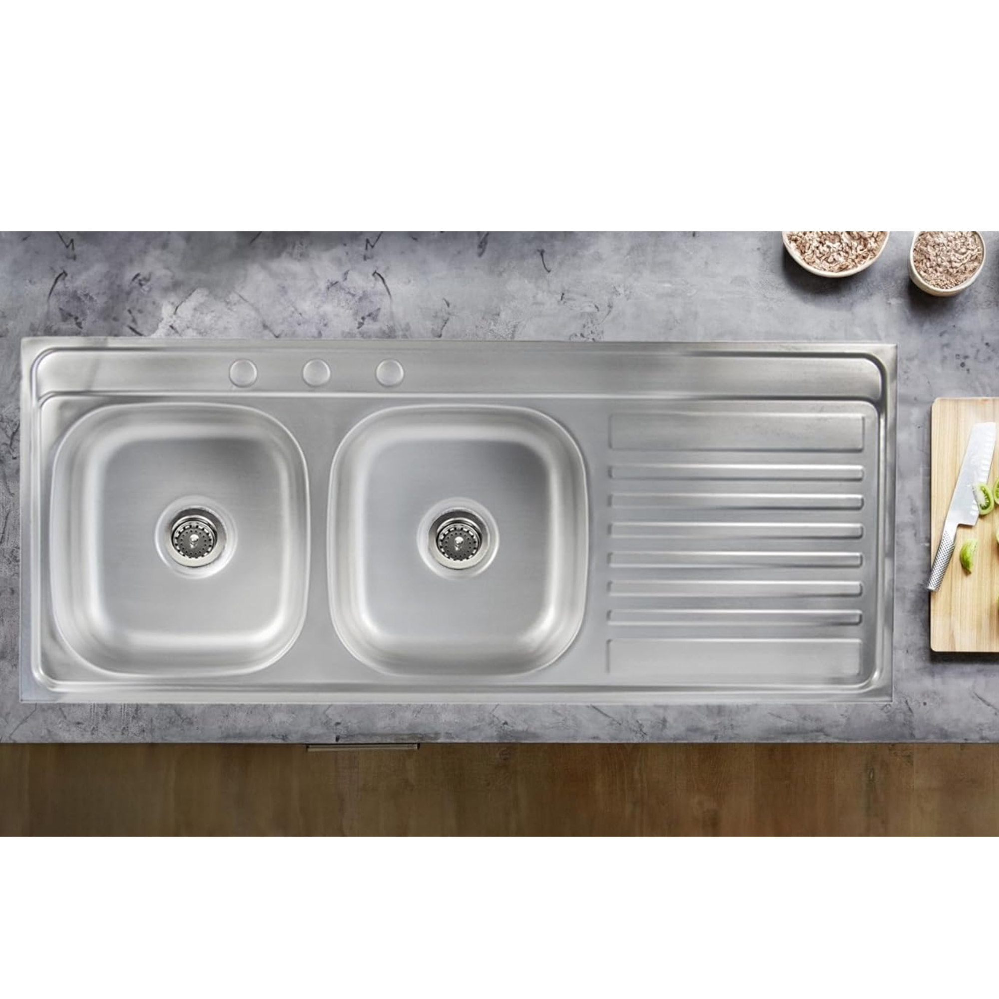Tarja Doble para Fregadero con Escurridero de Acero Inoxidable Satinado, Fregadero Doble para Empotrar, 120 x 50 x 15 cm