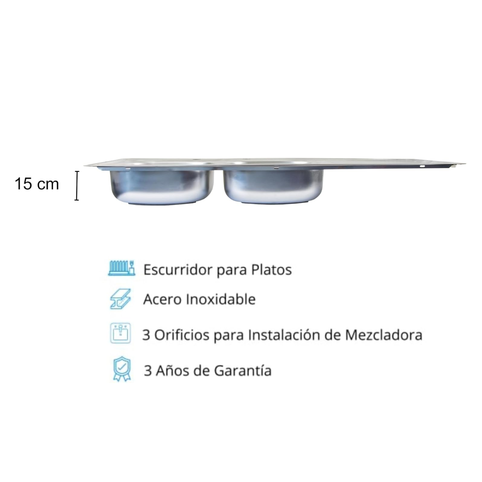 Tarja Doble para Fregadero con Escurridero de Acero Inoxidable Satinado, Fregadero Doble para Empotrar, 120 x 50 x 15 cm 5