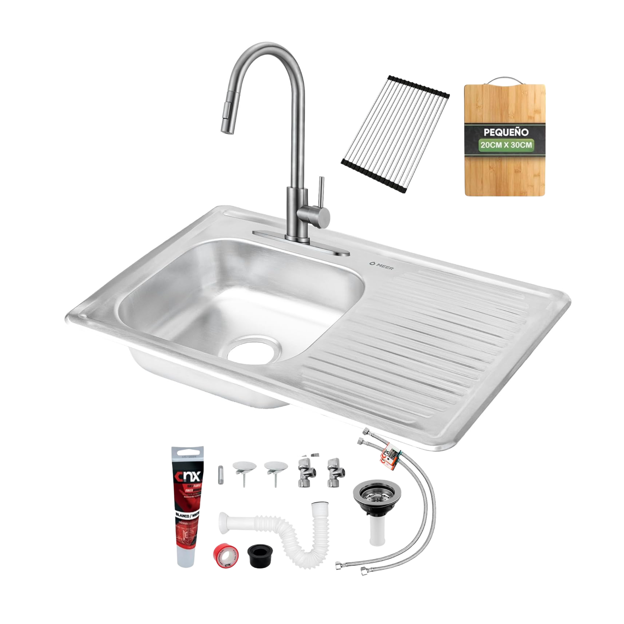 Kit perrón de tarja sencilla, Incluye Tarja, Monomando, Escurridor, Tabla y kit instalación