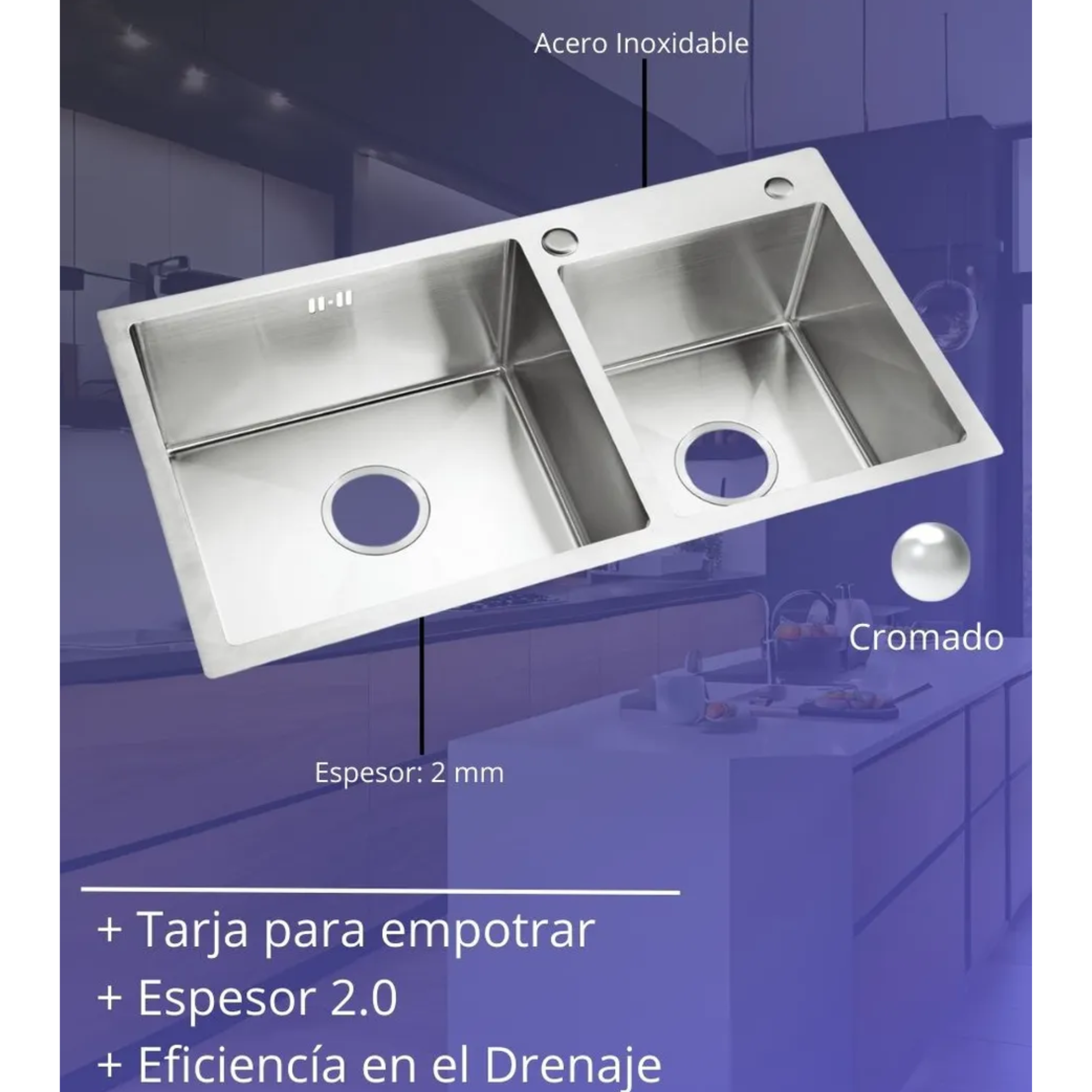 Tarja Doble Tina En Acero Inoxidable 82 Cm X 45 Cm Cocina, Satinado 3