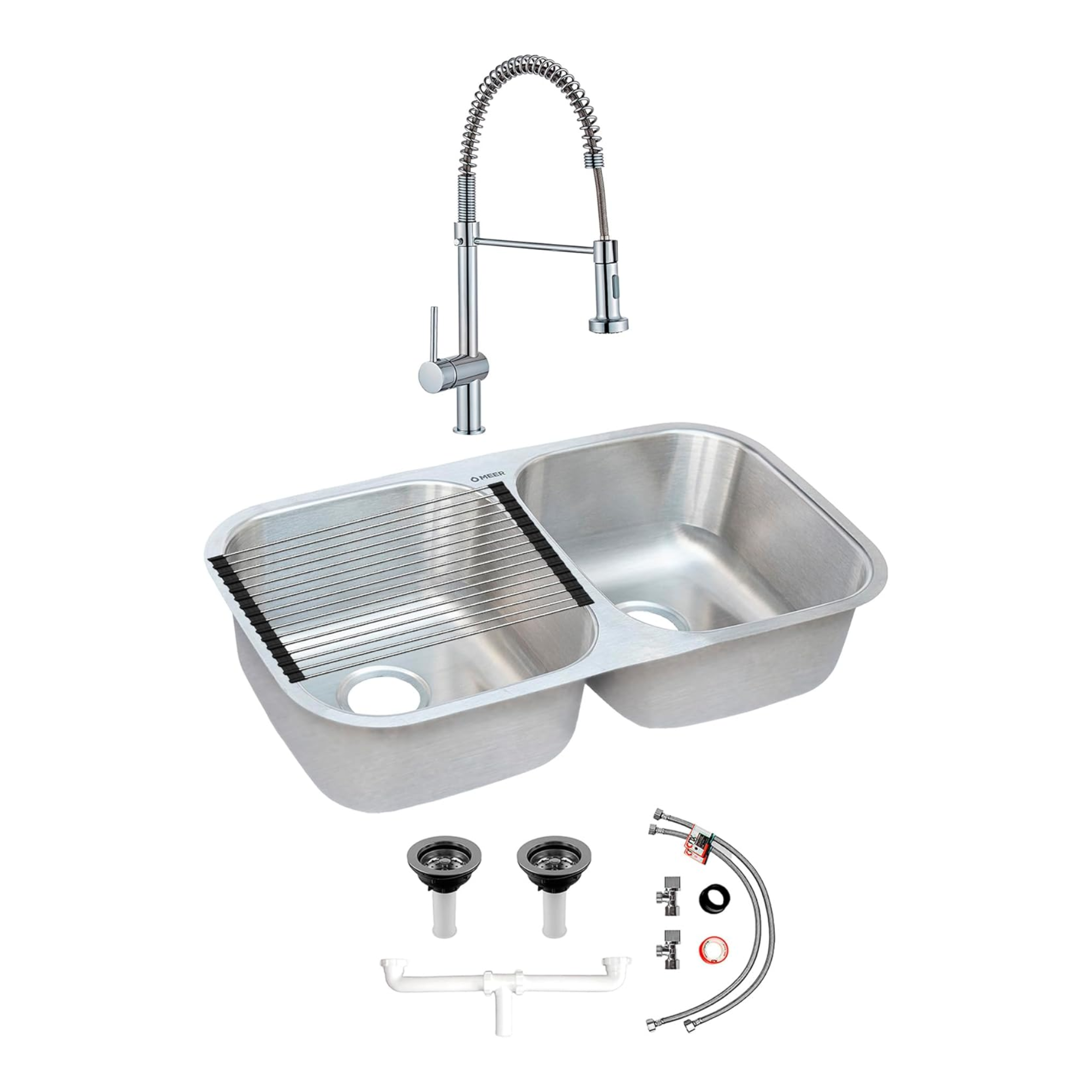 Tarja Doble de Submontar en Acero Inoxidable, (Medidas 82 cm * 47 cm), con Mezcladora Monomando (Llave para cocina) y Kit de Instalación GRATIS un Escurridor