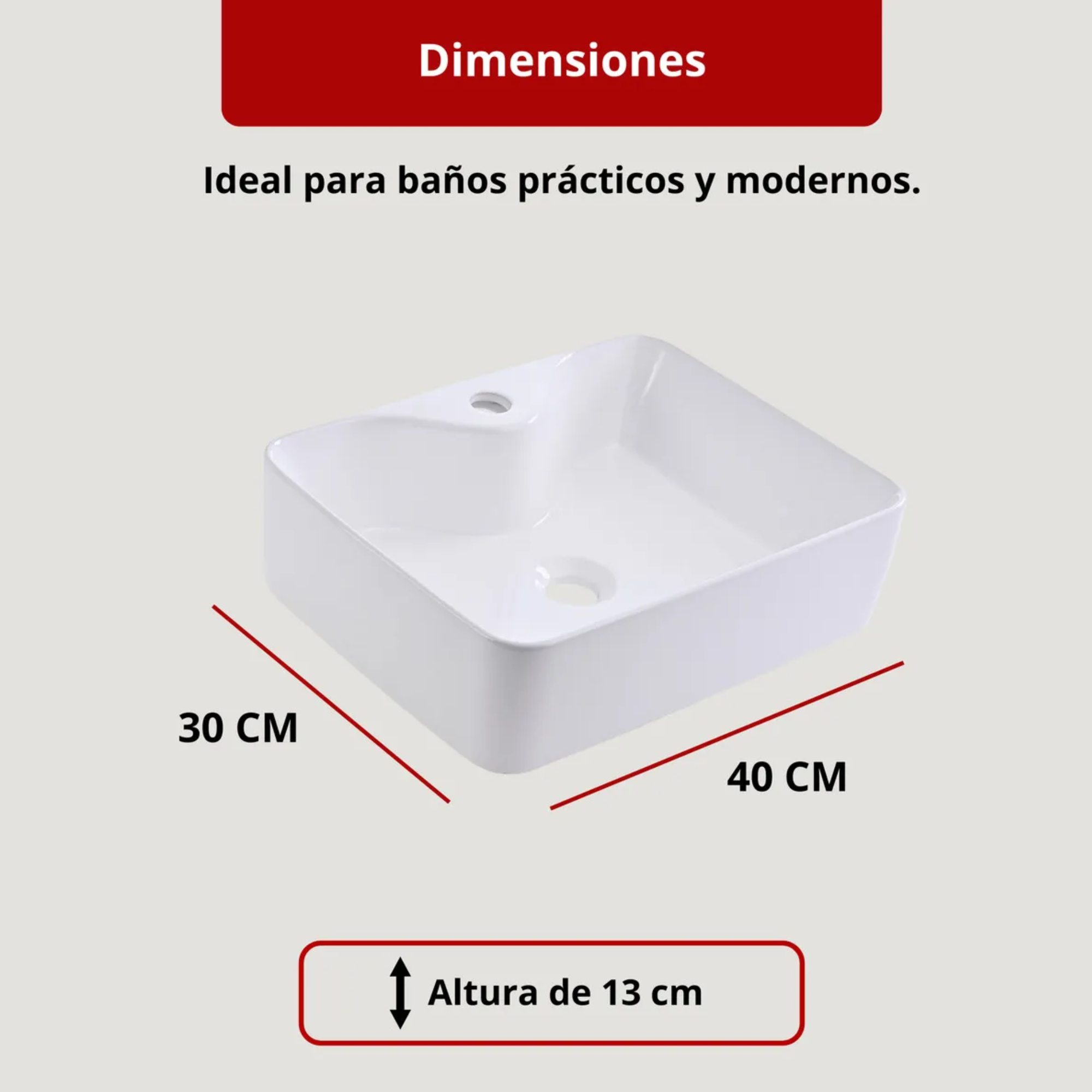 Ovalín De Cerámica Maxims 6013, Lavabo De Baño Color Blanco Rectangular De Sobreponer 40x30x13cm 3