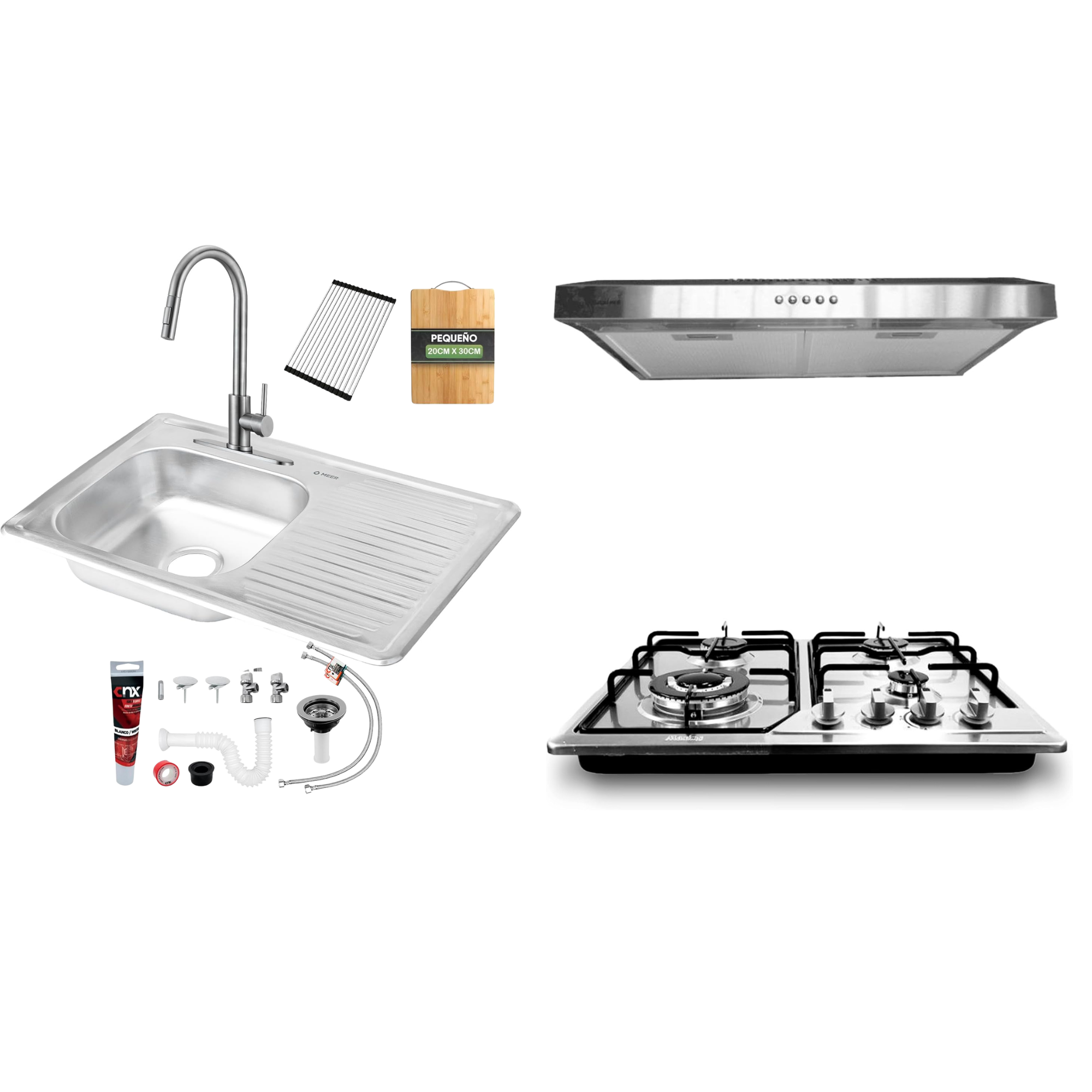 KIT DUO MINI para Cocina! KIT completo de tarja con monomando y accesorios y parrila con campana