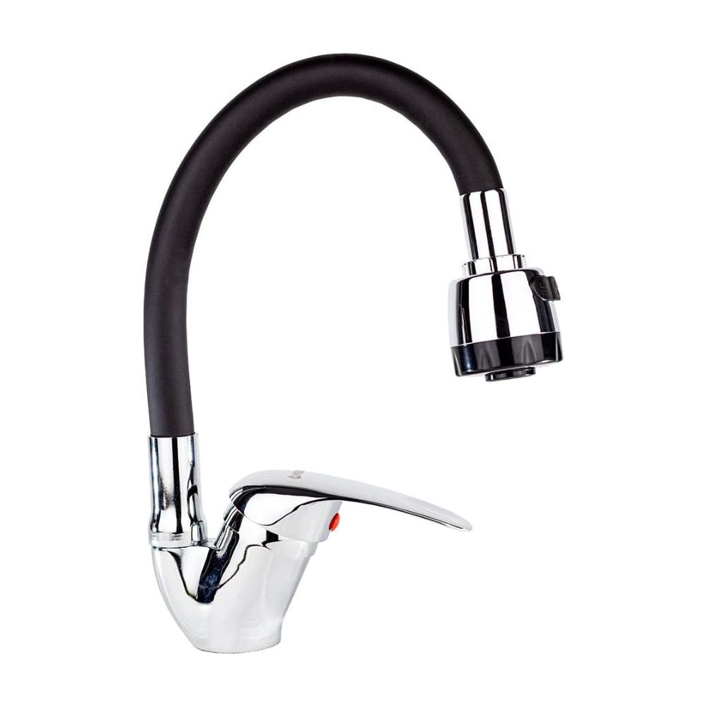 Mezcladora Monomando con Cuello Flexible de Silicón para Fregadero, Doble Chorro, Incluye Mangueras, Diseño Cromo y Negro