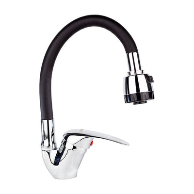 Mezcladora Monomando con Cuello Flexible de Silicón para Fregadero, Doble Chorro, Incluye Mangueras, Diseño Cromo y Negro