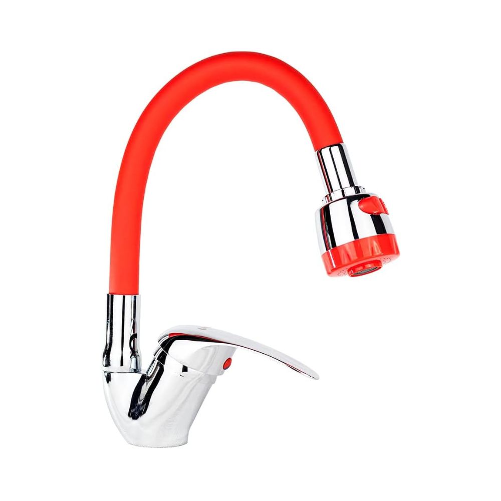 Mezcladora Monomando con Cuello Flexible de Silicón para Fregadero, Doble Chorro, Incluye Mangueras, Diseño Cromo y Rojo