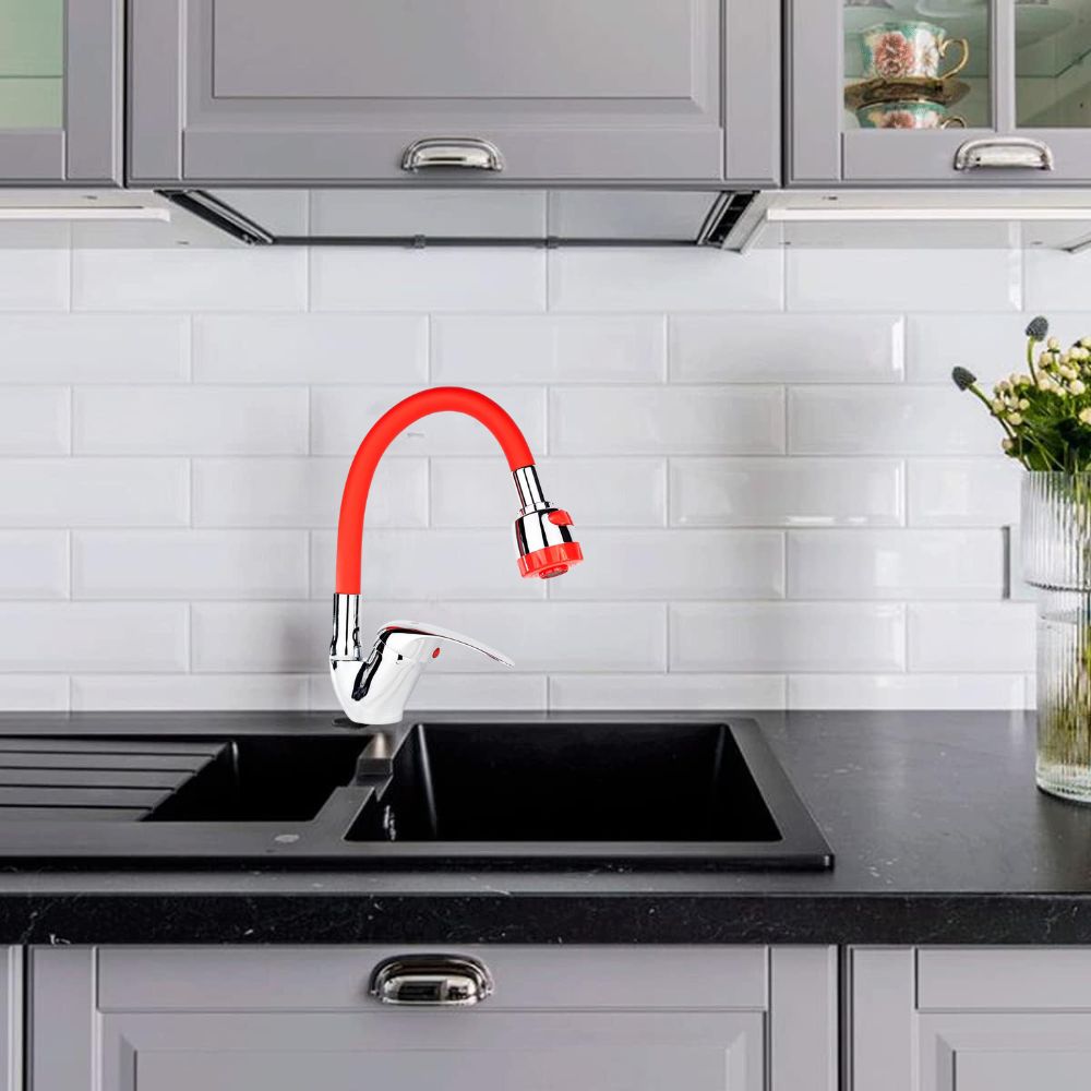 Mezcladora Monomando con Cuello Flexible de Silicón para Fregadero, Doble Chorro, Incluye Mangueras, Diseño Cromo y Rojo