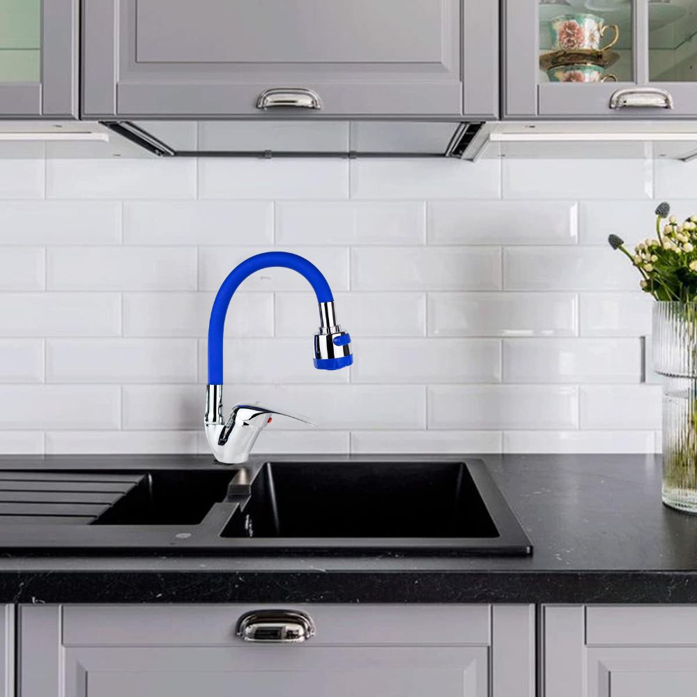 Mezcladora Monomando con Cuello Flexible de Silicón para Fregadero, Doble Chorro, Incluye Mangueras, Diseño Cromo y Azul