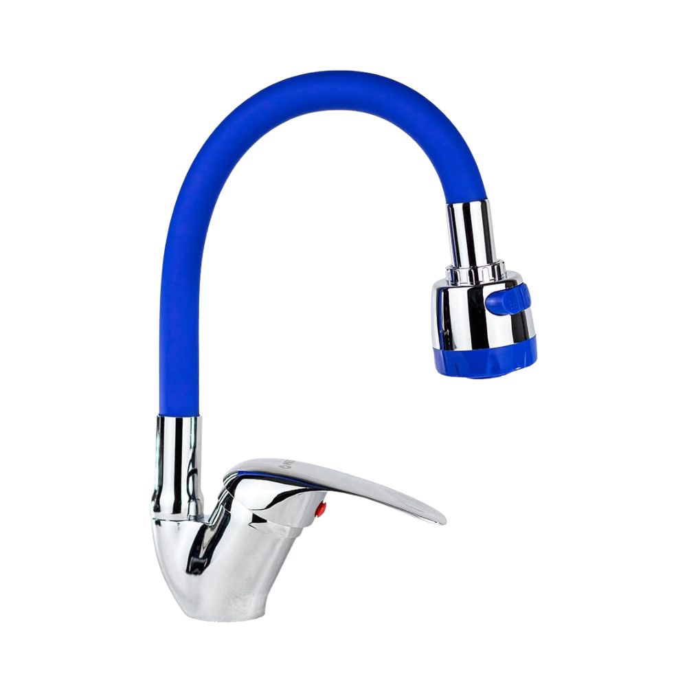 Mezcladora Monomando con Cuello Flexible de Silicón para Fregadero, Doble Chorro, Incluye Mangueras, Diseño Cromo y Azul