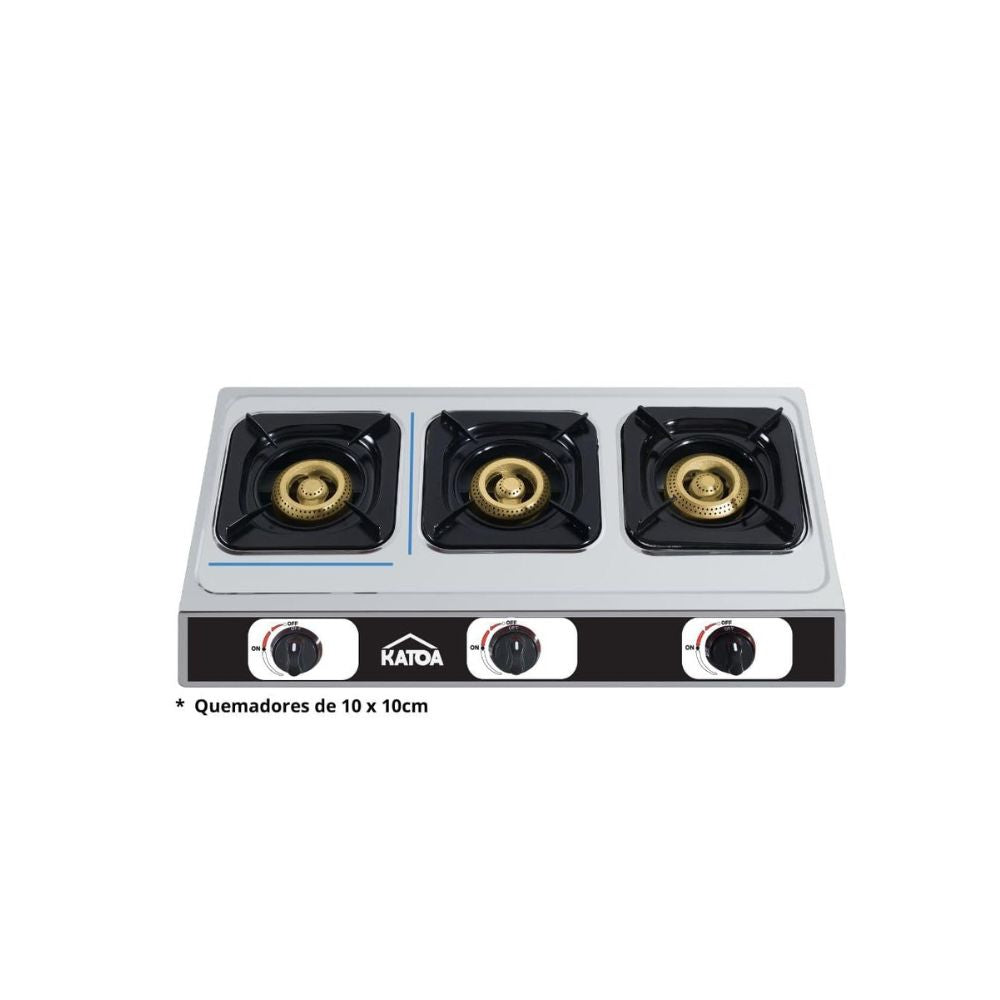 Estufa de Mesa KATOA – 3 Quemadores de Alta Eficiencia en Acero Inoxidable para Gas LP