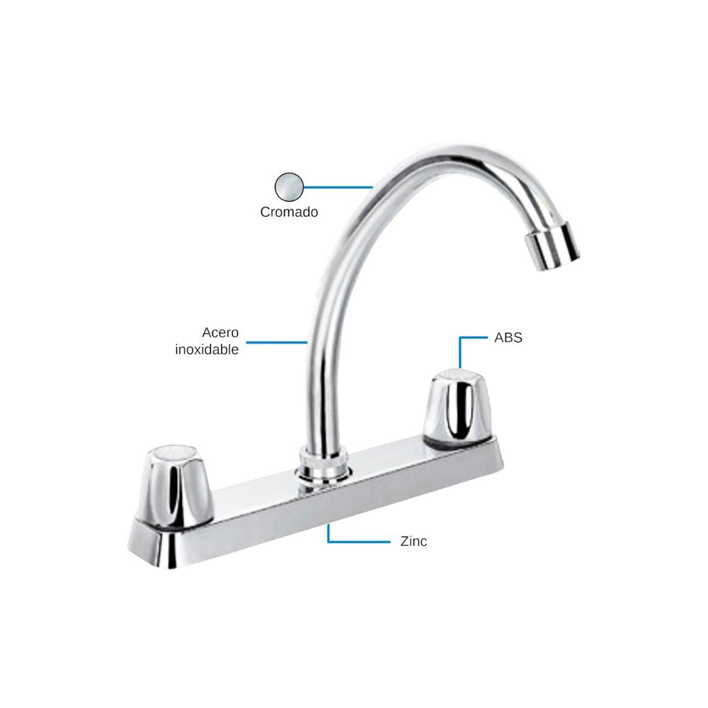 Mezcladora para Fregadero de Cocina, Acabado Cromado, Fabricada en Acero Inoxidable, Zinc y ABS, Altura de 23 cm, Instalación Rápida