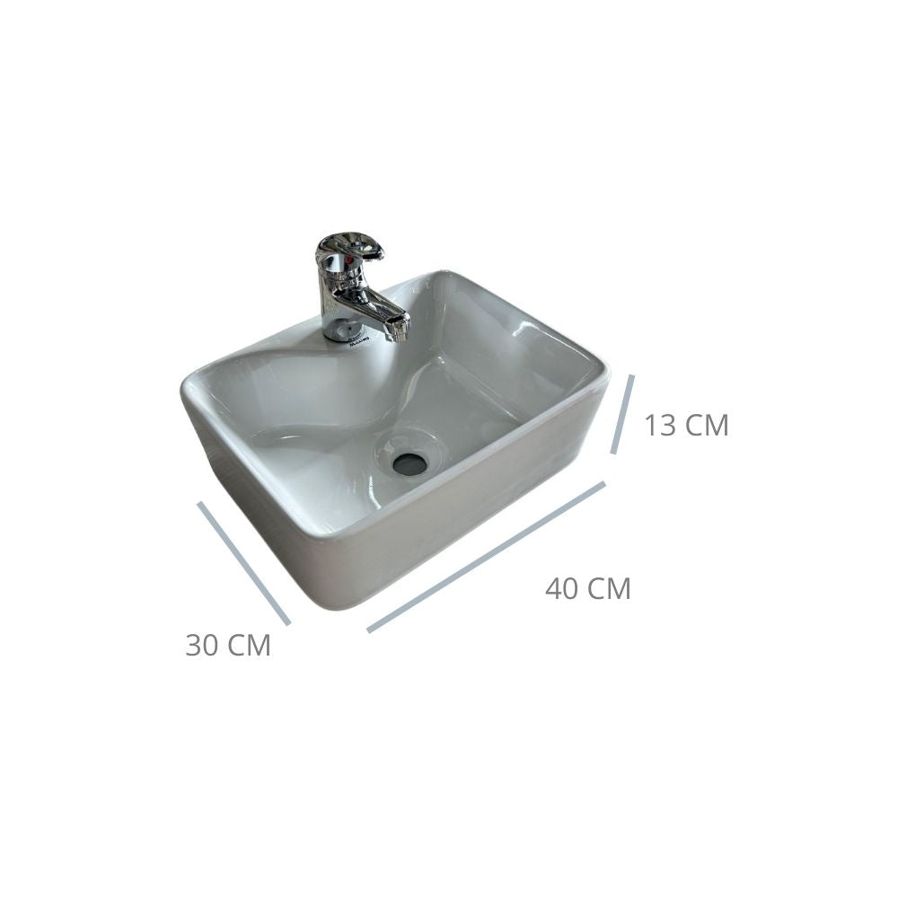 Kit Completo de Lavabo Cerámico con Llave Mezcladora y Contra Canasta Pop Up
