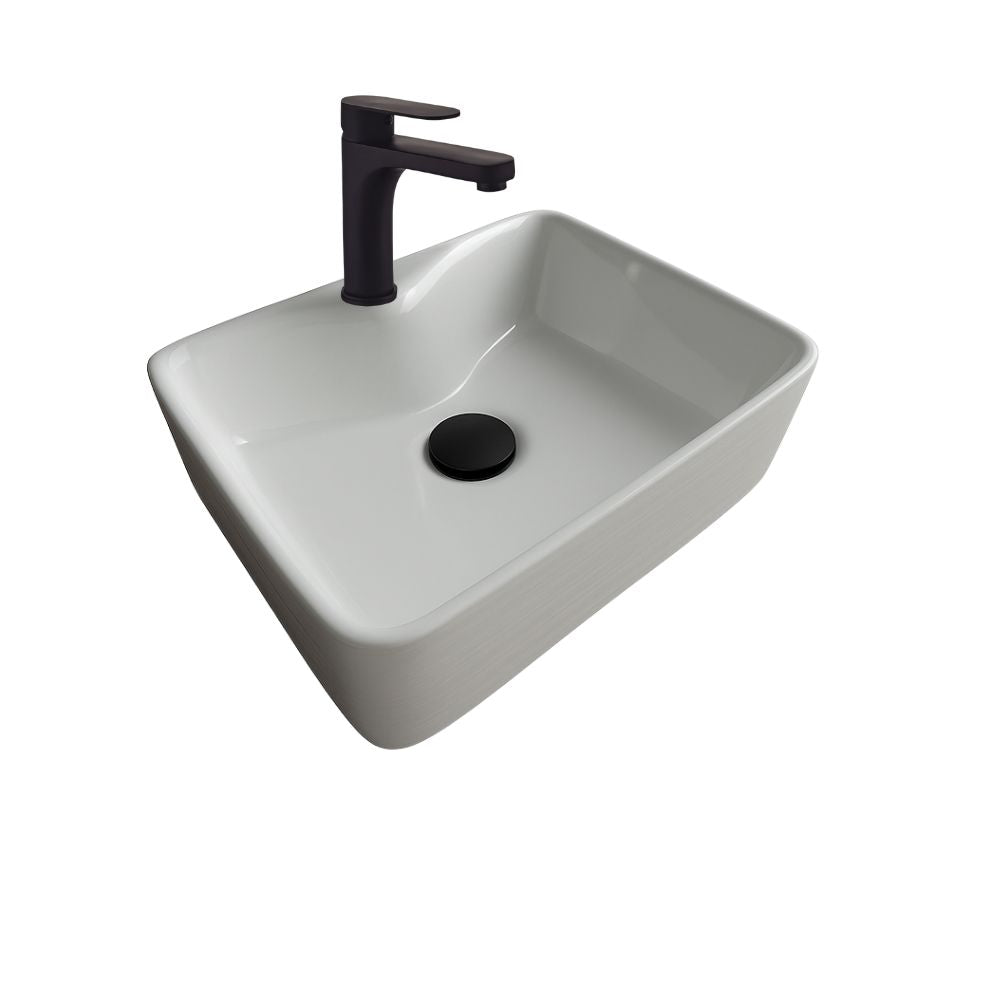 Kit Completo de Lavabo Cerámico con Mezcladora Negra Mate y Contra Canasta Pop Up