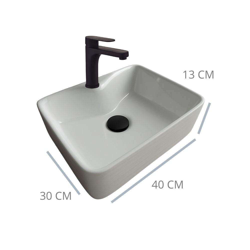 Kit Completo de Lavabo Cerámico con Mezcladora Negra Mate y Contra Canasta Pop Up