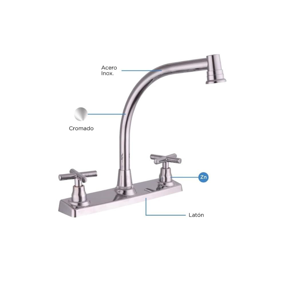 Mezcladora Cromada de 8” para Fregadero, con Cuello de 26 cm, Acabado Brillante, Tecnología Water Sense e Instalación Rápida