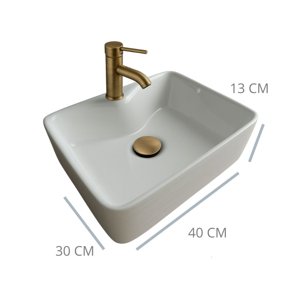Kit Completo de Lavabo Cerámico con Mezcladora Monomando Niquelada y Contra Canasta Pop Up