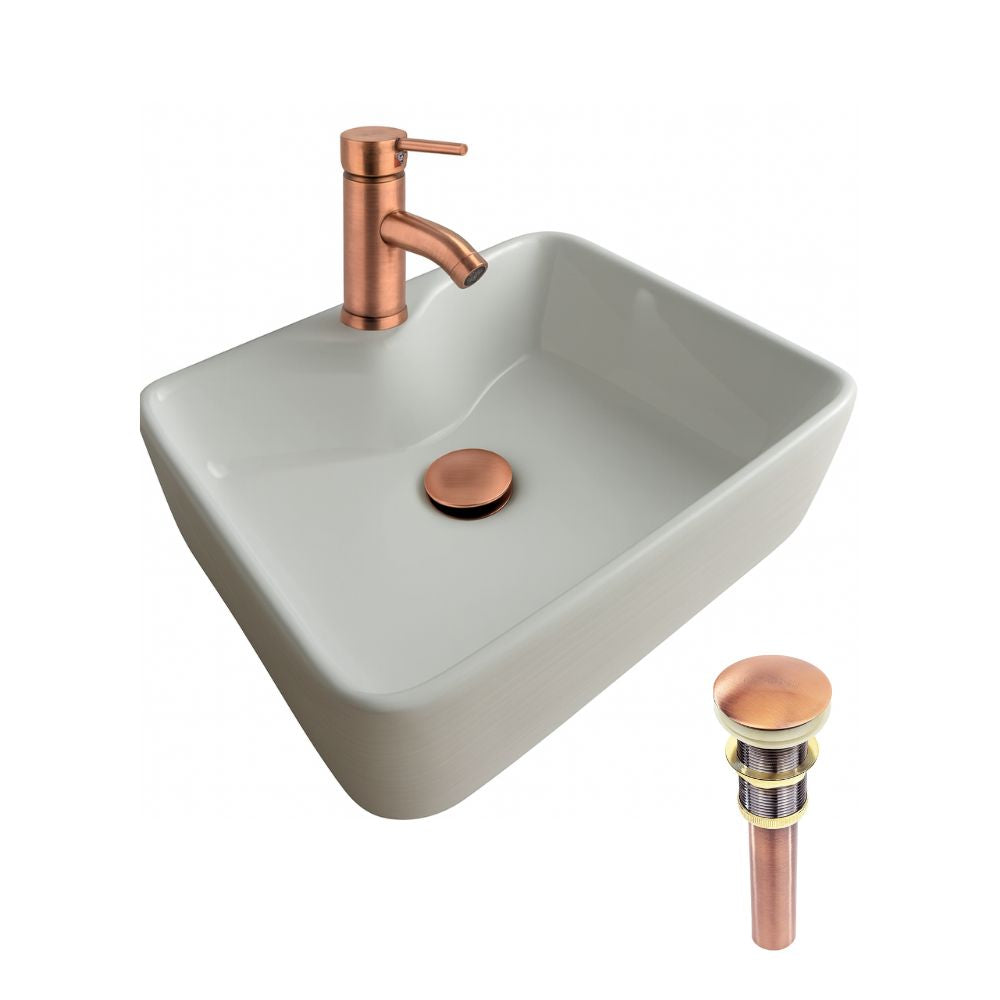 Kit Completo de Lavabo Cerámico con Mezcladora Monomando Oro Rosado y Contra Canasta Pop Up
