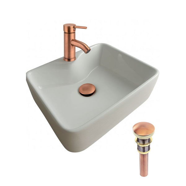 Kit Completo de Lavabo Cerámico con Mezcladora Monomando Oro Rosado y Contra Canasta Pop Up