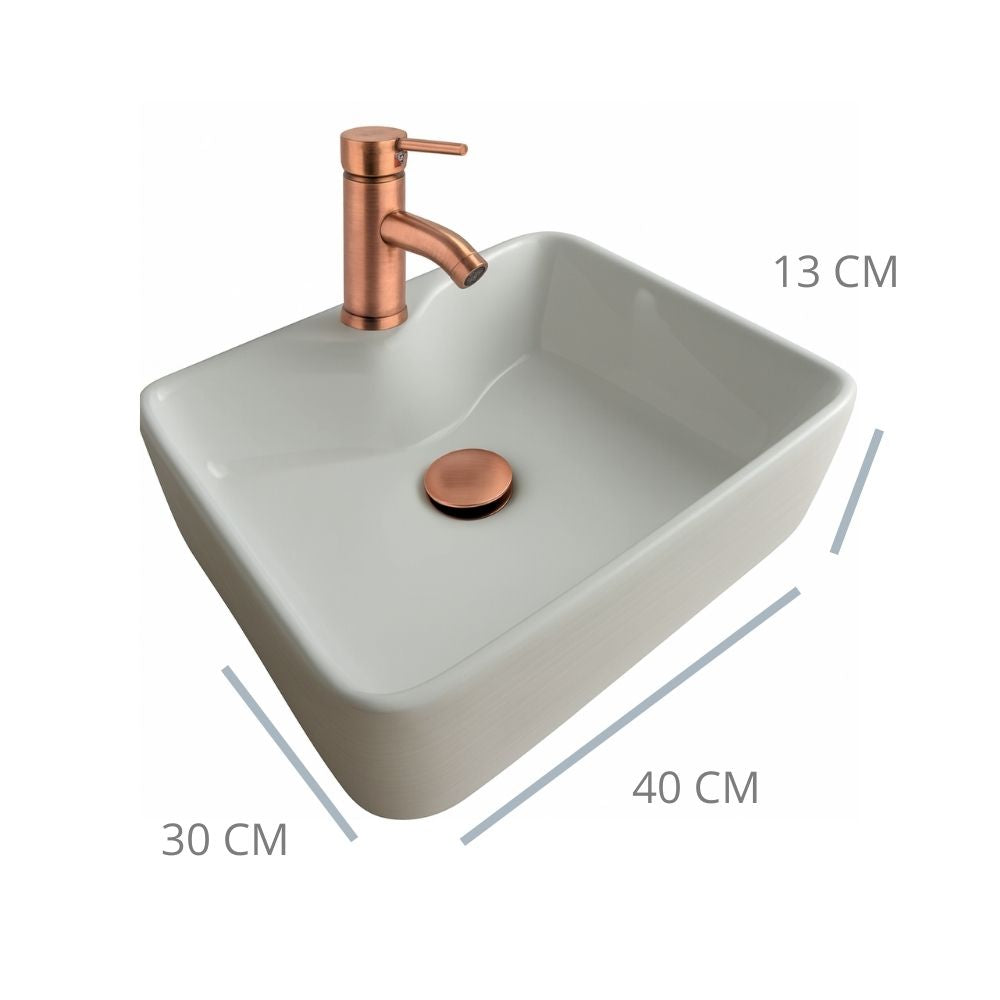 Kit Completo de Lavabo Cerámico con Mezcladora Monomando Oro Rosado y Contra Canasta Pop Up