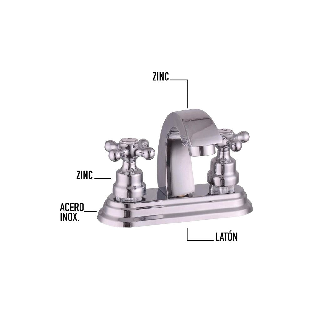 Mezcladora para Lavabo Cromada con Cartucho de Compresión, Cuello Rígido y Manerales de Zinc, Instalación Rápida y Ahorro de Agua