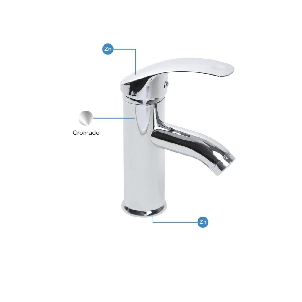 Mezcladora Monomando para Lavabo Cromada, Acero Inoxidable y Zinc, 18.5 cm de Altura, Incluye Mangueras y Fácil Instalación