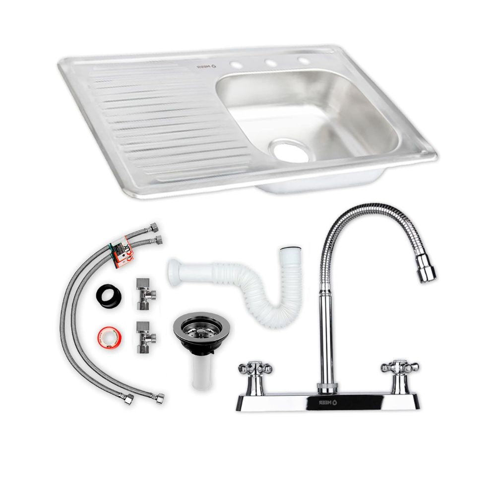 Kit Perron De Tarja: Tarja con Escurridor Izquierdo 80 × 50 cm, Mezcladora Flexible y Accesorios de Instalación
