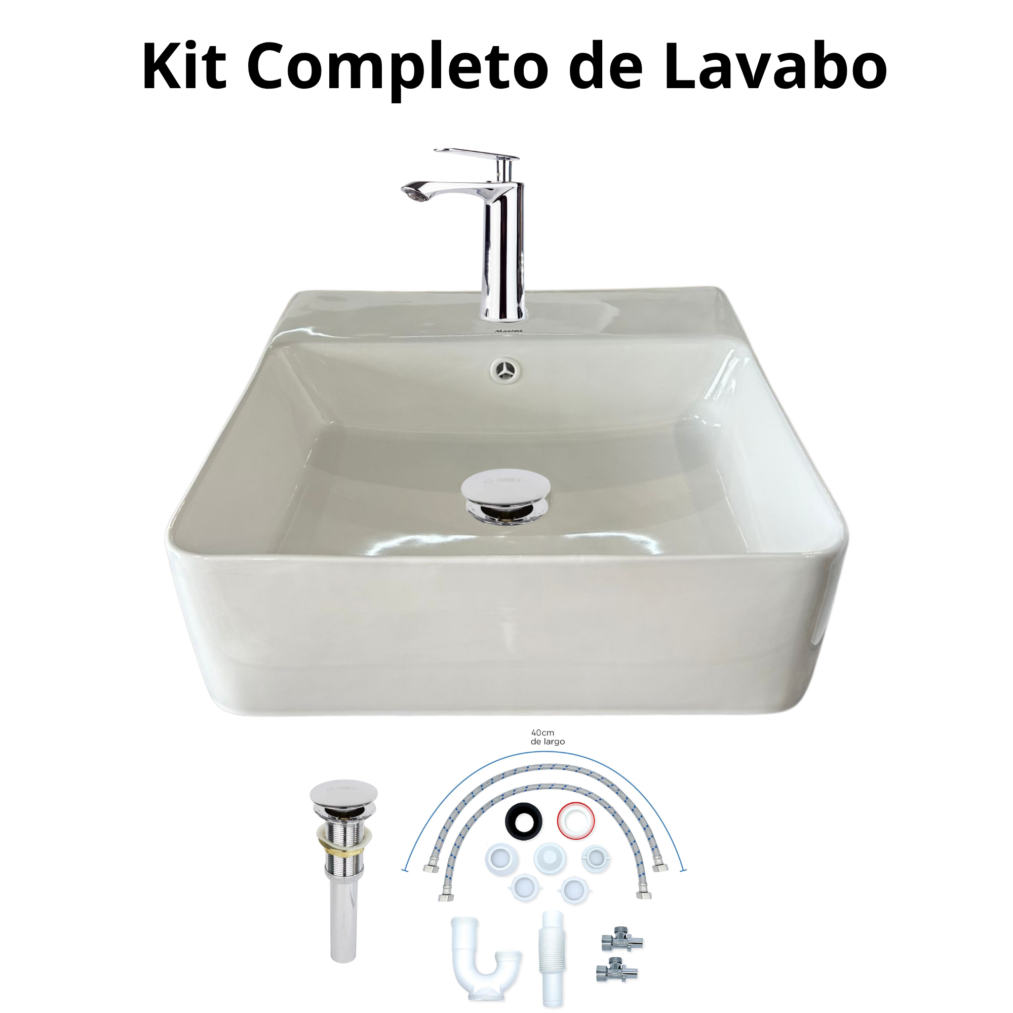 Kit Completo para Lavabo, Lavabo, Mezcladora, Contra Canasta y Kit de Instalación