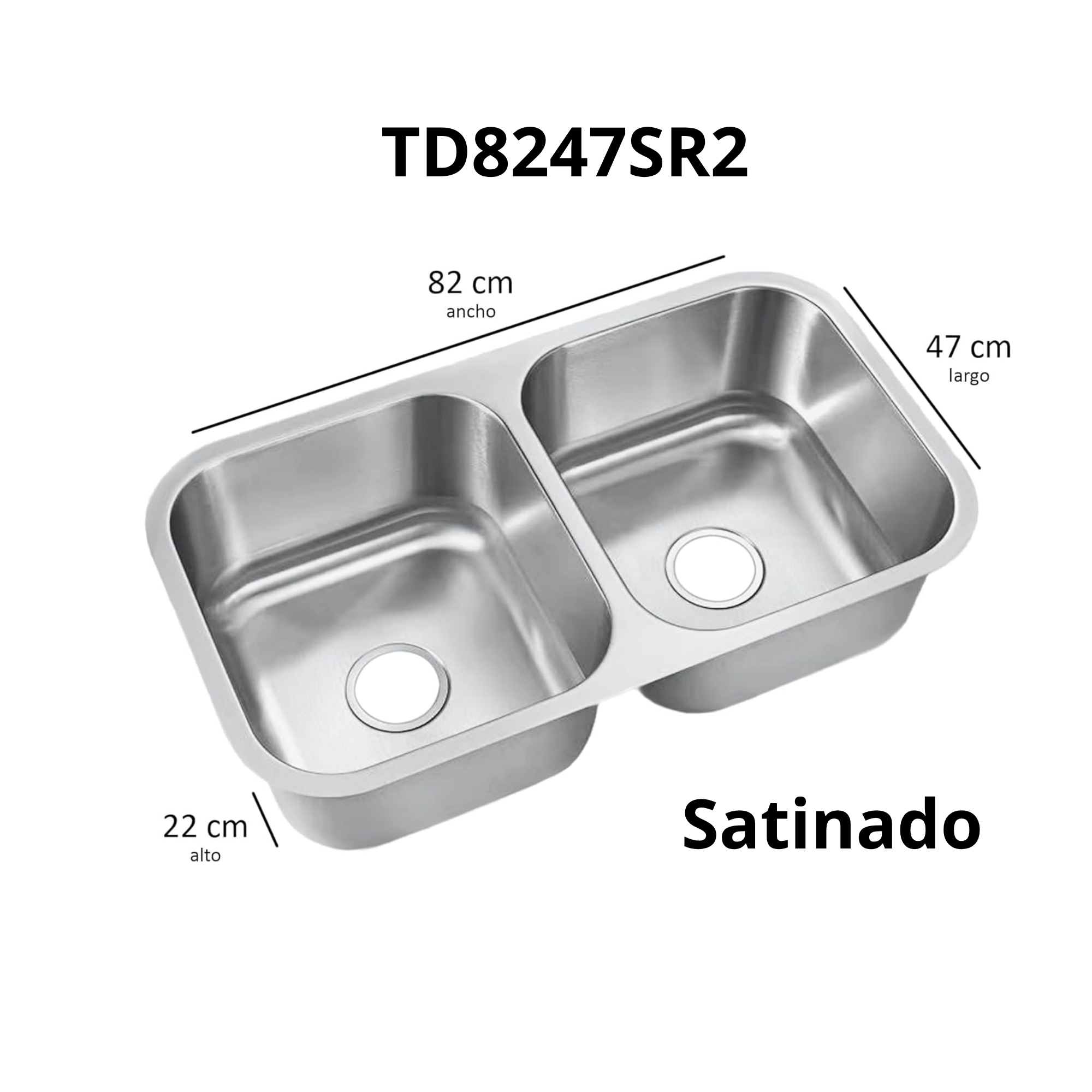 Tarja Acero Inoxidable doble tina para Submontar con Medidas de 82 cm * 47 cm, Calibre 18, (Profundidad de 22 cm) 4