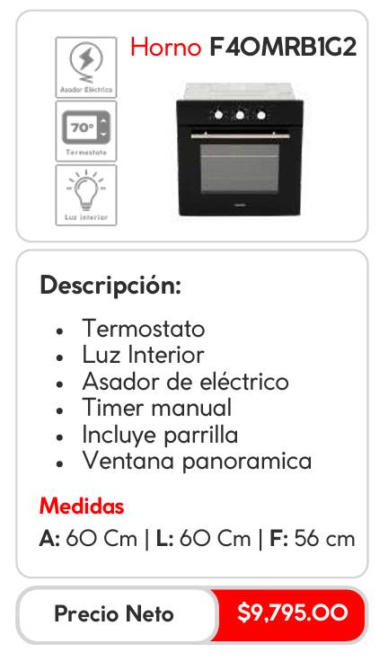 Horno Empotrable Eléctrico, 60x60x56cm, Vidrio Templado, Modelo F4OMRB1G2