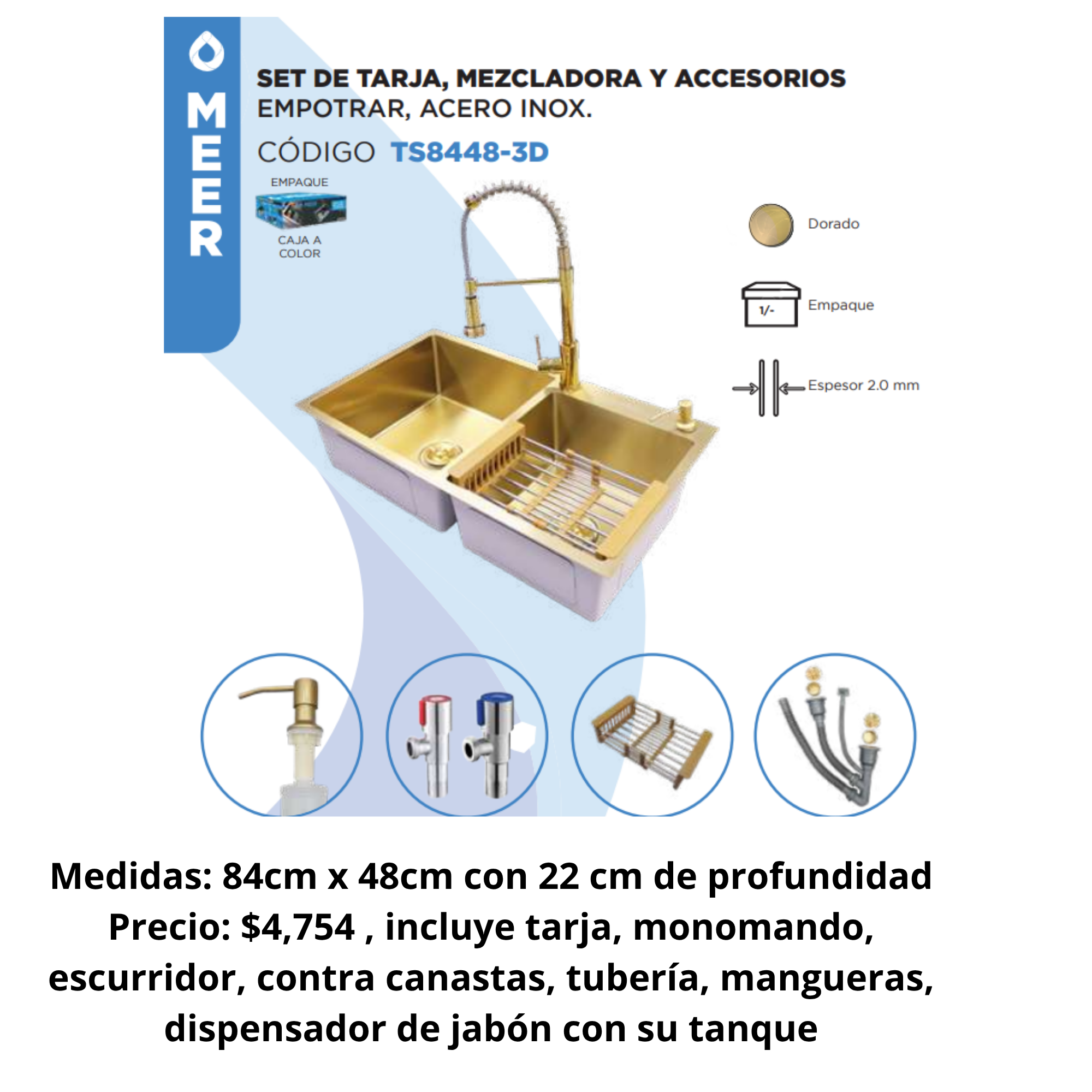 Set de Fregadero de Cocina Empotrable de Acero Inoxidable Dorado 84cmx48cmx22cm con Accesorios