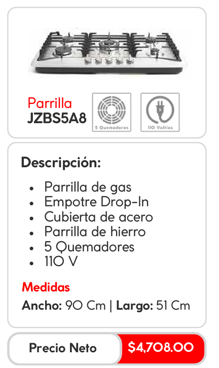 Parrilla a Gas de Acero y Hierro Tipo Drop-In, Ancho 90cm, Largo 51cm