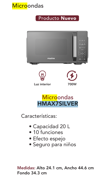 Microondas de 20 Litros Maxims Modelo HMAX7SILVER Efecto Espejo 3