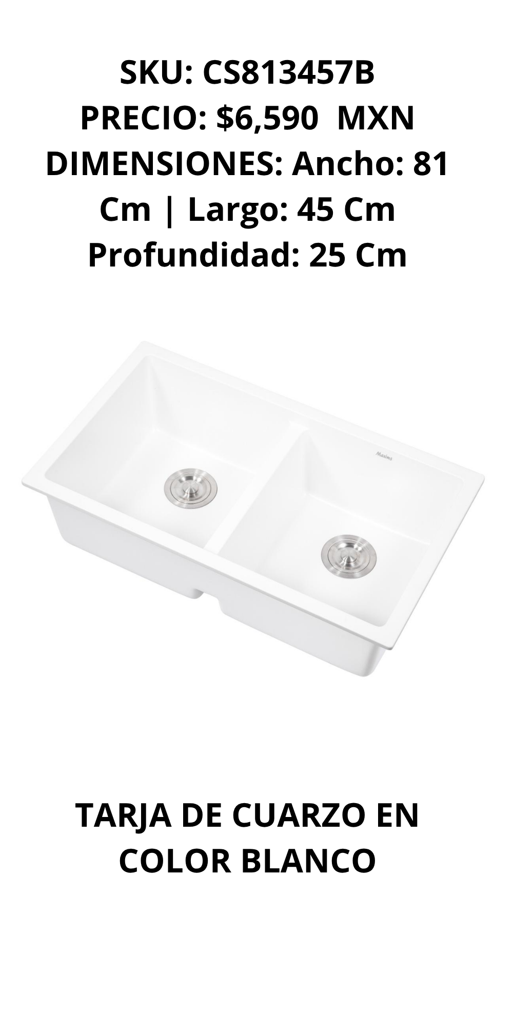 Tarja Elegante de Doble Tina en Cuarzo Blanco, 81cmx45cmx25cm 3