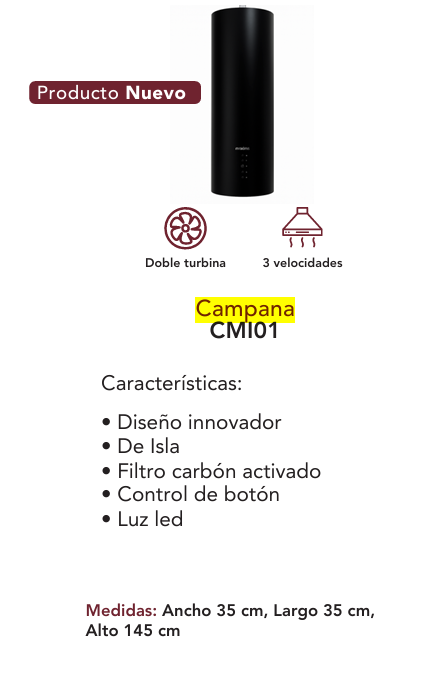 Campana Extractora de Isla CMI01 con Doble Turbina 35x35x145 cm en Negro Mate 4