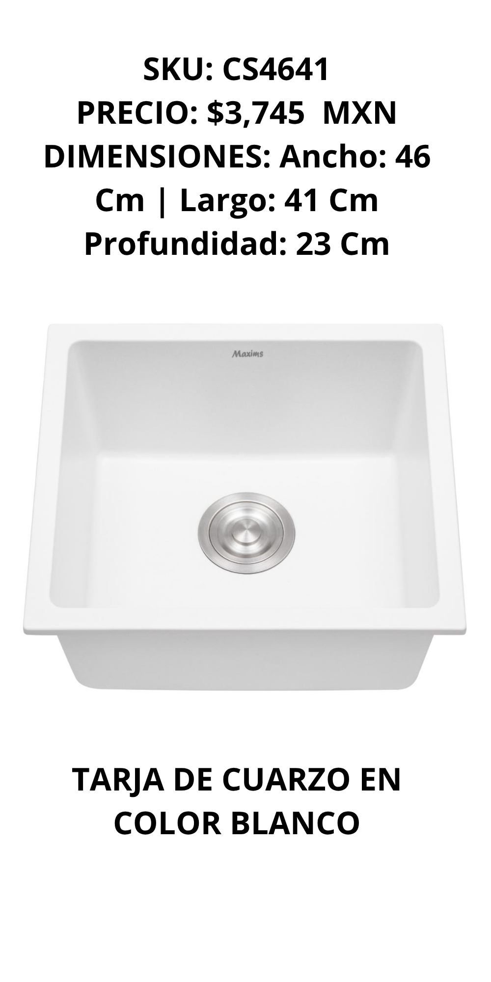 Tarja Rectangular de Cuarzo en Color Blanco de 46cmx41cmx23cm 3