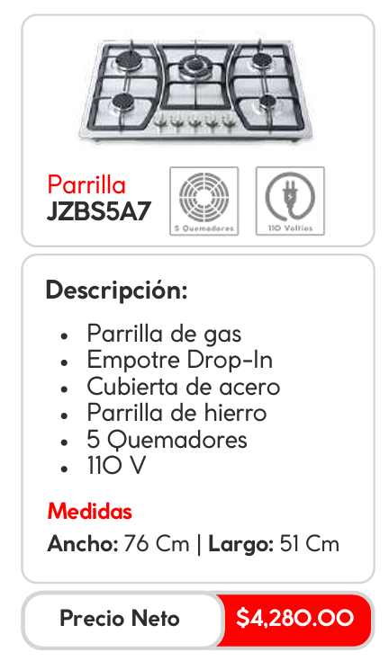 Parrilla de Gas JZBS5A7 Empotrable con Acero y Hierro 76cmx51cm