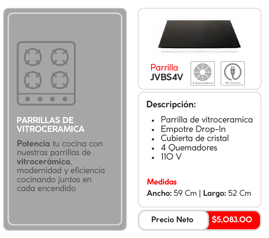Parrilla de Vitrocerámica JVBS4V Empotrable Drop-In, Negro, 59cm x 52cm