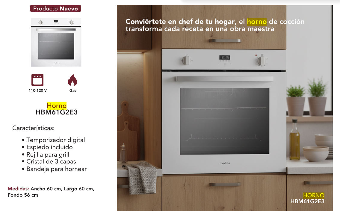 Horno de gas 60cmx60cmx56cm con cristal triple capa