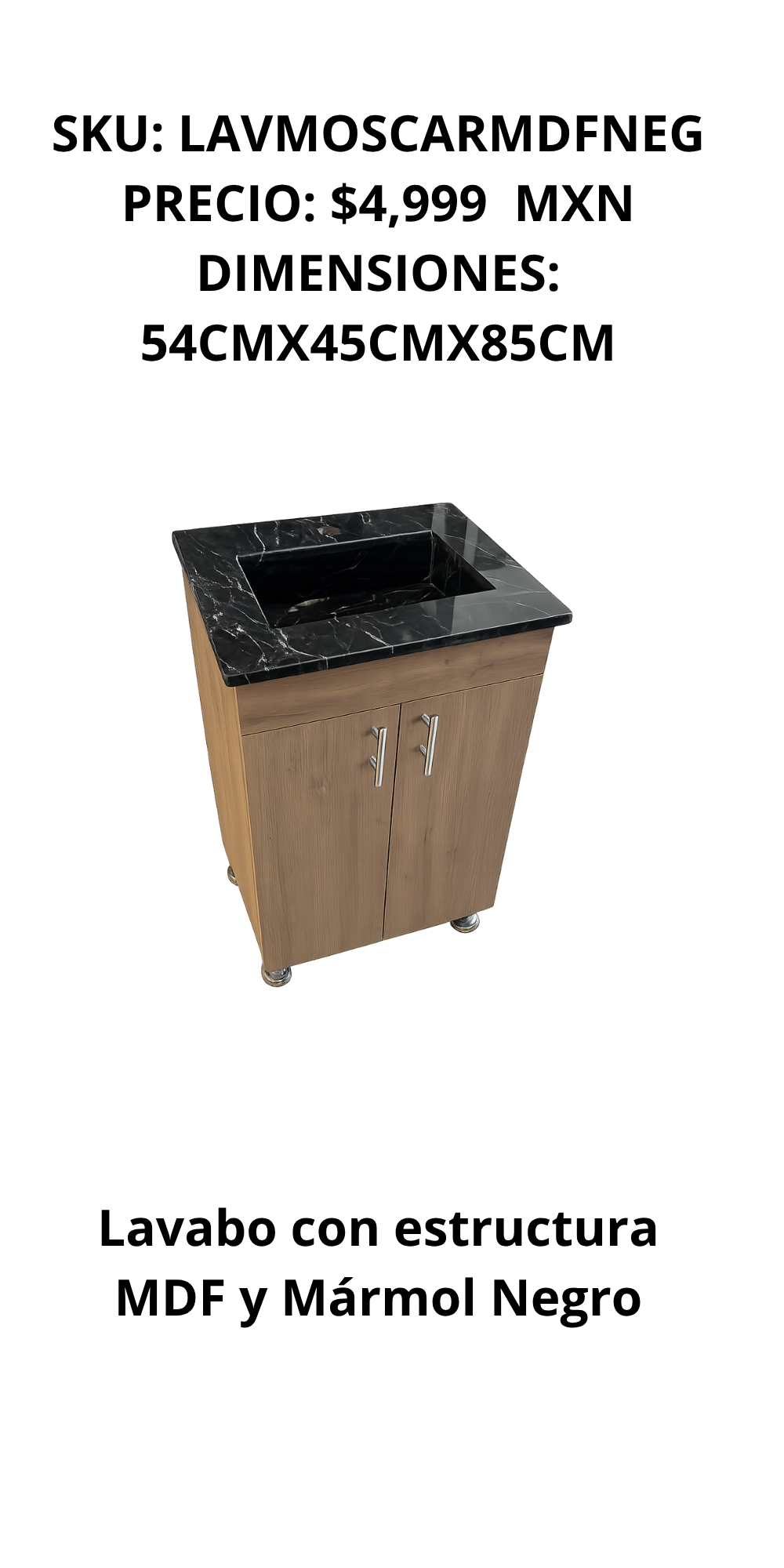 Lavabo Elegante con Superficie de Mármol Negro, 54cmx45cmx85cm, MDF 5