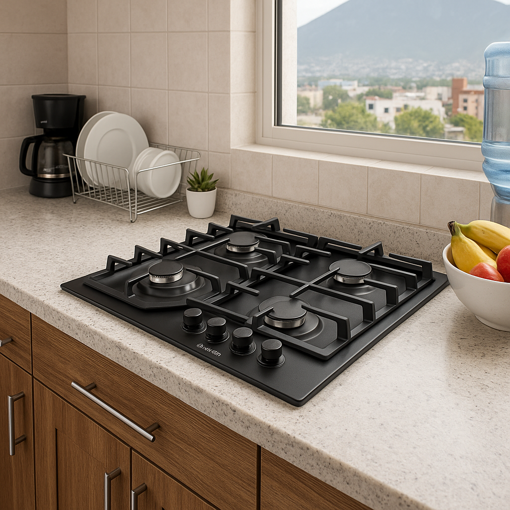 Parrilla de Gas Empotrable JZBS4MAT en Hierro, 60cm x 51cm (Cristal doble templado negro mate)