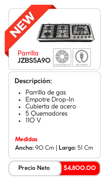 Parrilla de Gas Empotrable JZBS5A90 de Acero con 5 Quemadores