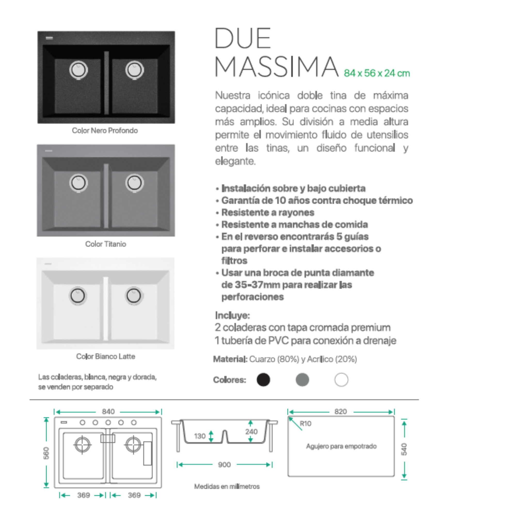 Fregadero Doble DUE MASSIMA de cuarzo 84cmx56cmx24cm Nero Profondo 4